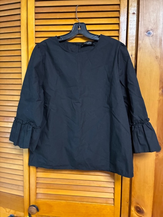 Chepe Tops - CHEPE Black Ruffle-Cuff Blouse with Crew Neck length 23”pit to pit 20”